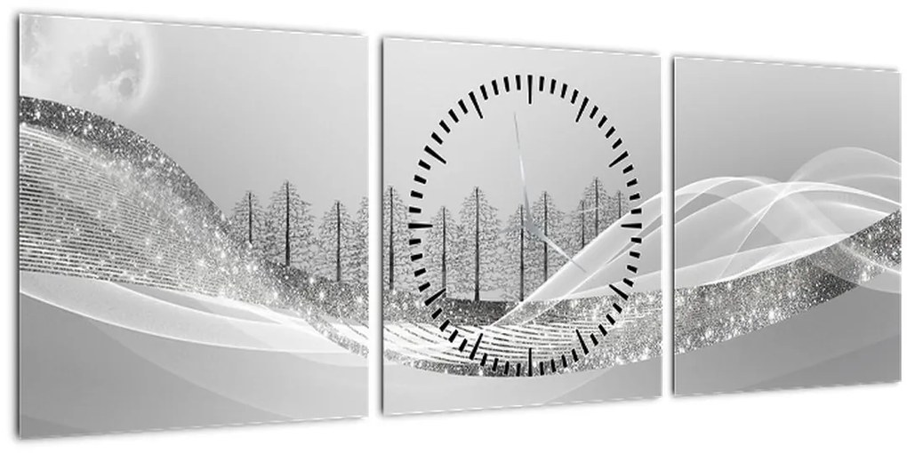 Obraz - Strieborná krajina (s hodinami) (90x30 cm)