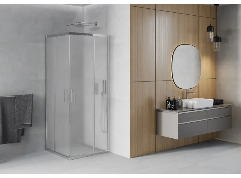 Mexen Rio, štvorcový sprchovací kút s posuvnými dverami 90(dvere) x 90(dvere) x 190 cm, 6mm sklo námraza, chrómový profil, 860-090-090-01-30