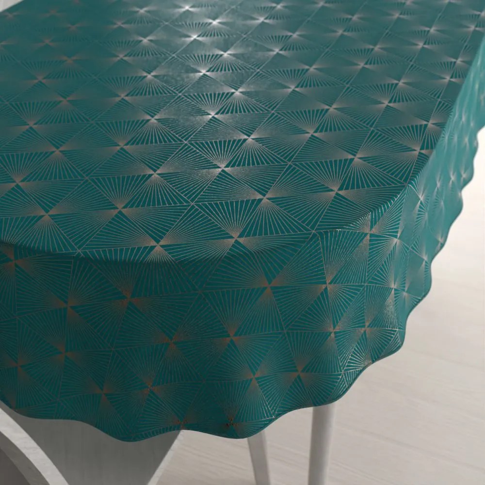 Biante Zamatový oválny obrus Isabela IBL-008 Rose Gold trojuholníky na petrolejovom 80x120 cm