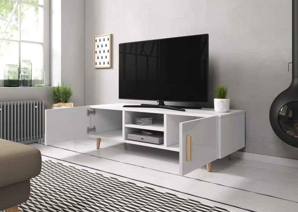 TV stolík Sweden II 140 cm biely mat/biely lesk