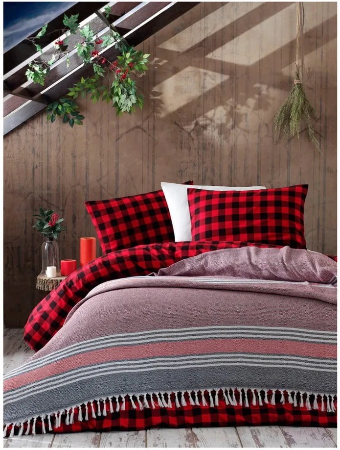 Ružovo-sivá bavlnená prikrývka cez posteľ Galina Black Red White, 220 × 240 cm