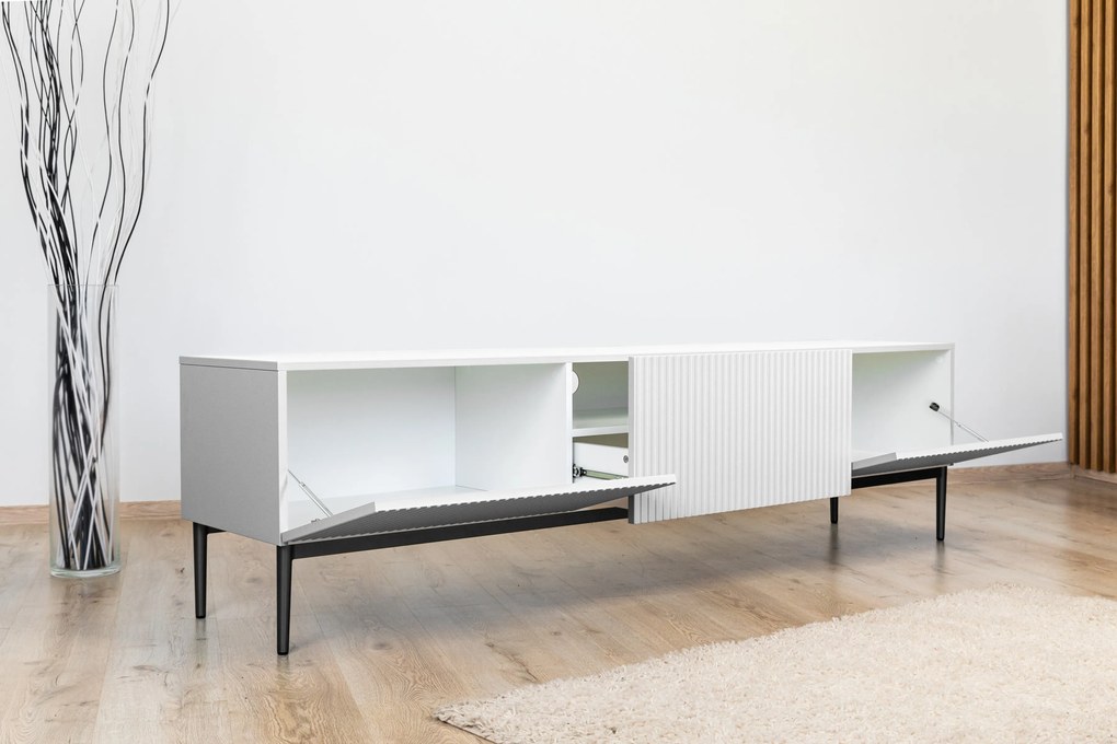 TV stolík Nicole 200 cm - biely mat / čierne nožičky
