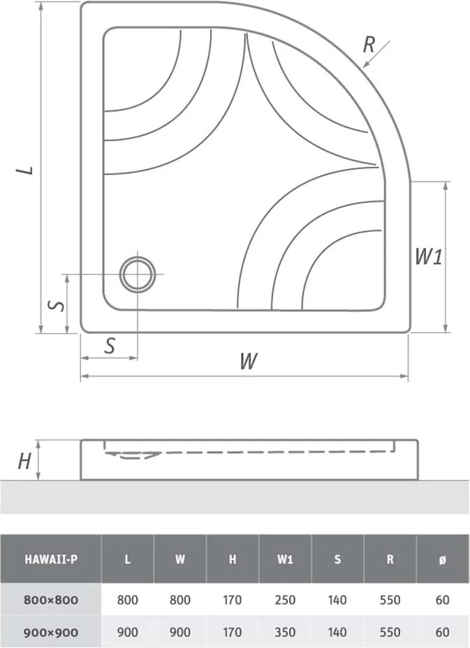 Roth Samonosná štvrťkruhová sprchová vanička HAWAII-P ROTH-Variant: rozmery: 90x90 cm - (HAWAII-P 900 - 8000025)