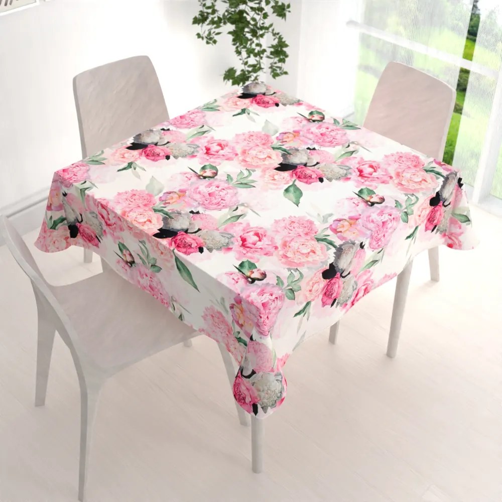 Biante Zamatový štvorcový obrus Tamara TMR-037 Ružové pivonky na bielom 80x80 cm