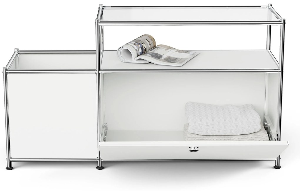 Kovová nízka skrinka »CN3« s výklopným priečinkom a sklenenou doskou, biela