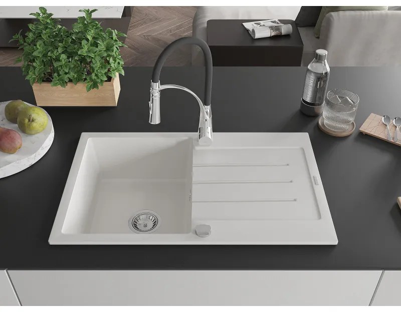 Mexen Bruno, 1-komorový granitový drez 795x495x200 mm a drezová batéria Aster, biela, 6513-20-73450-07