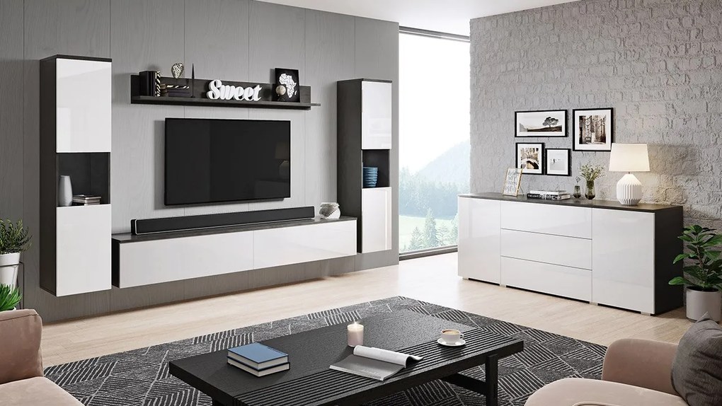 Obývačkový nábytok Bamisio II, Farby: biela / šedý lesk, Osvetlenie: osvetlenie LED biele