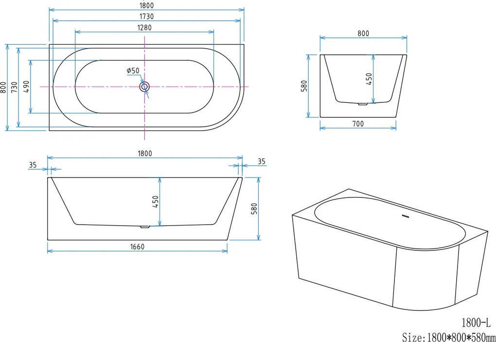Erga Zara, rohová voľne stojaca vaňa 180x80 cm + odtoková zátka, ľavá, biela lesklá, ERG-ZARA-180080L-WH-WH