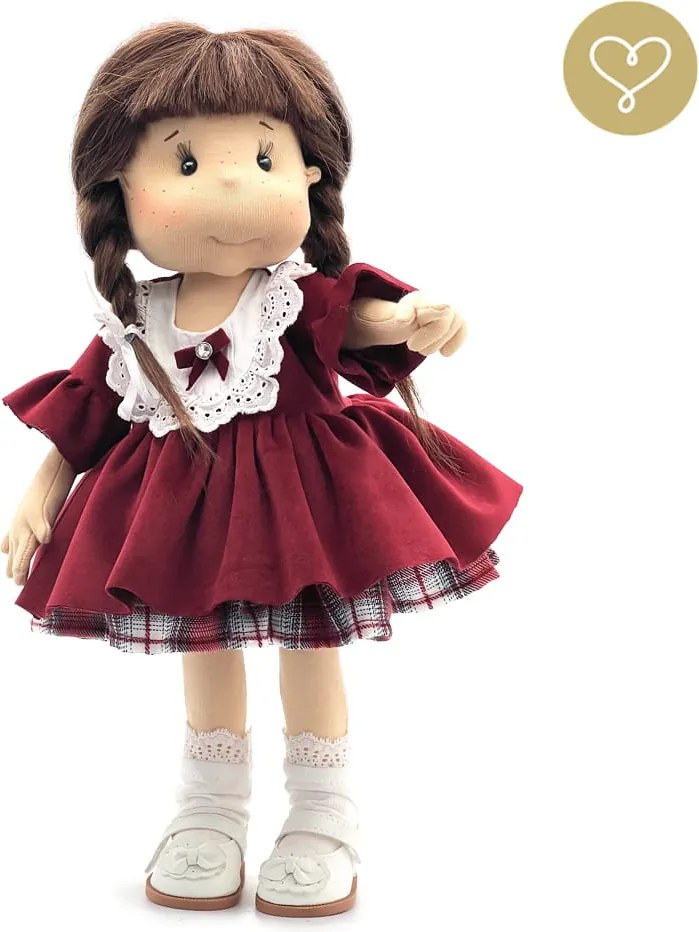 Bordové zamatové šaty pre bábiku – volánikové rukávy a čipkované detaily