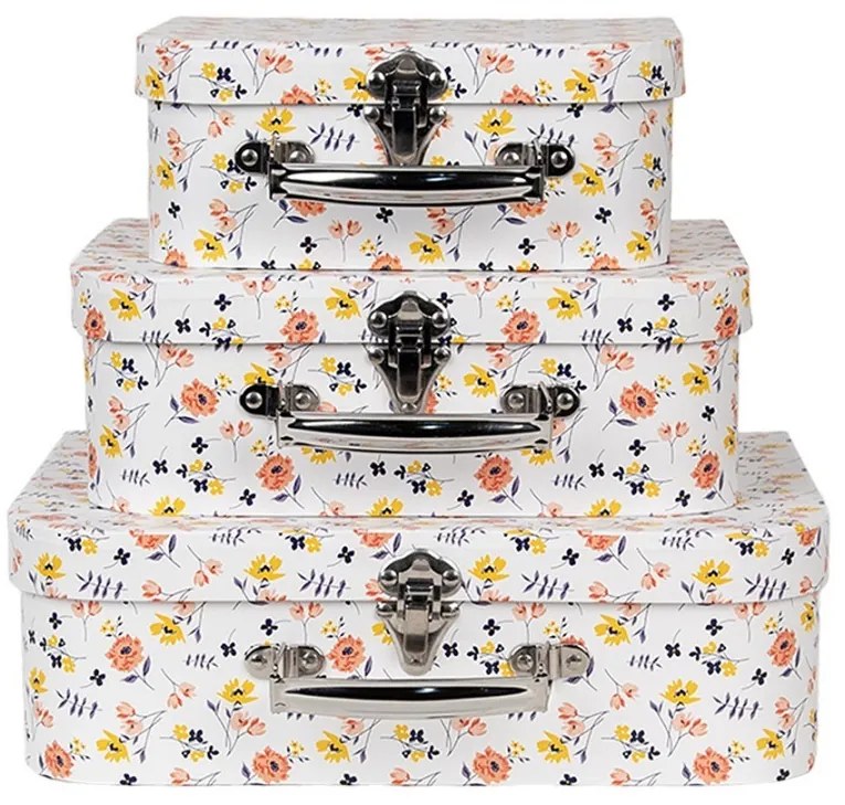 3ks biely papierový kufrík s kvetmi - 30*22*9/ 25*20*9/ 20*17*8 cm