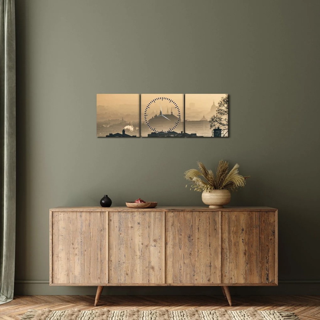 Obraz - Mesto pod hmlou (s hodinami) (90x30 cm)