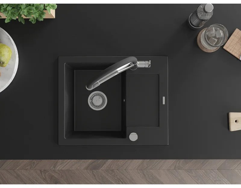 Mexen Enzo, granitový drez 576x465x174 mm, 1-komorový a drezová batéria Duo, čierna, 6506-77-671701-07