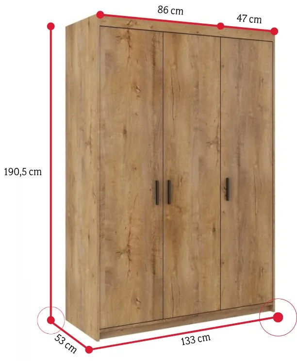 Šatníková skriňa ELLENA 3D + zrkadlo, 190x133x53 cm, dub sonoma