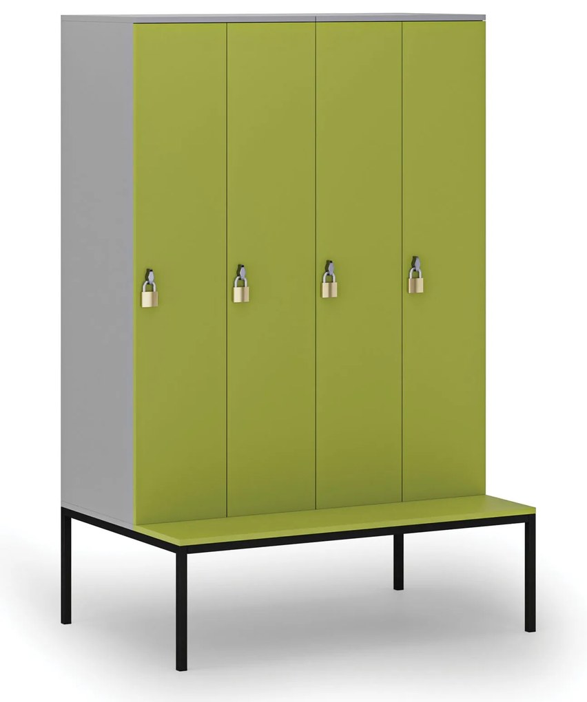 Drevená šatníková skrinka S4 s lavičkou, 4 oddiely, 1871 x 1200 x 500/800 mm, demont, otočný zámok, sivá/zelená