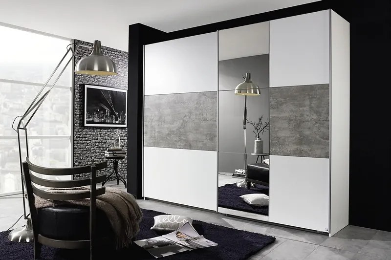 Šatníková skriňa Prenzlau, 218 cm, biela / sivý betón