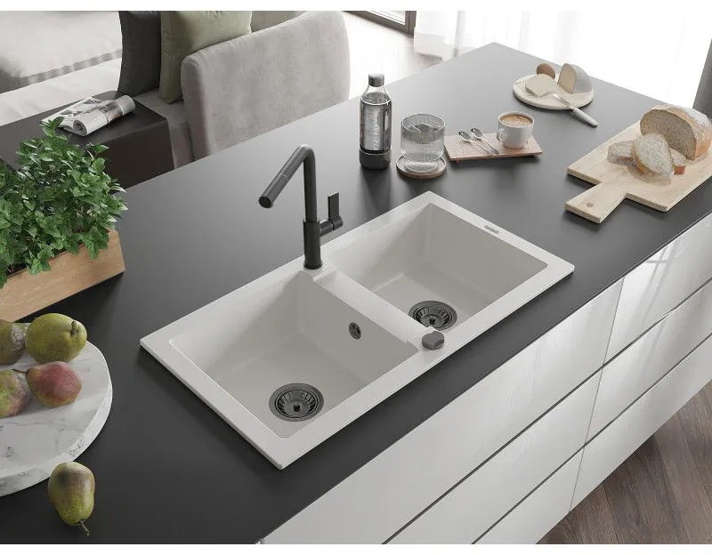 Mexen Mario, 2-komorový granitový drez 820x436x161 mm a drezová batéria Flora, biela, 6504-20-670401-70-B