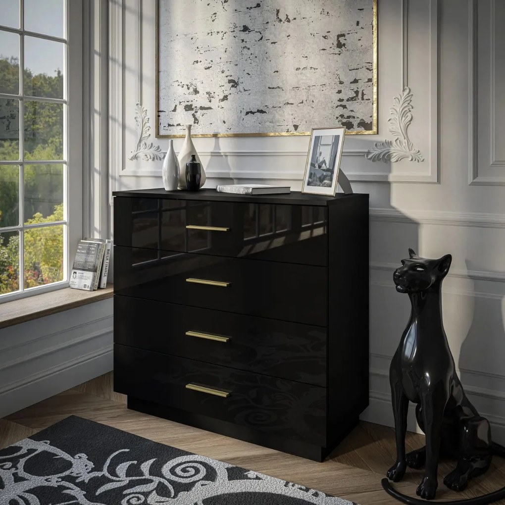 KOMODA MARION ČIERNÝ LESK / ZLATÁ ÚCHYTKA LED 95