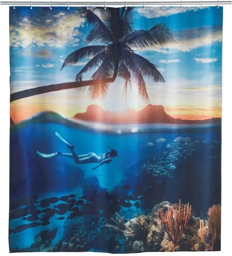 Modrý sprchový záves Wenko Paradise, 180 × 200 cm