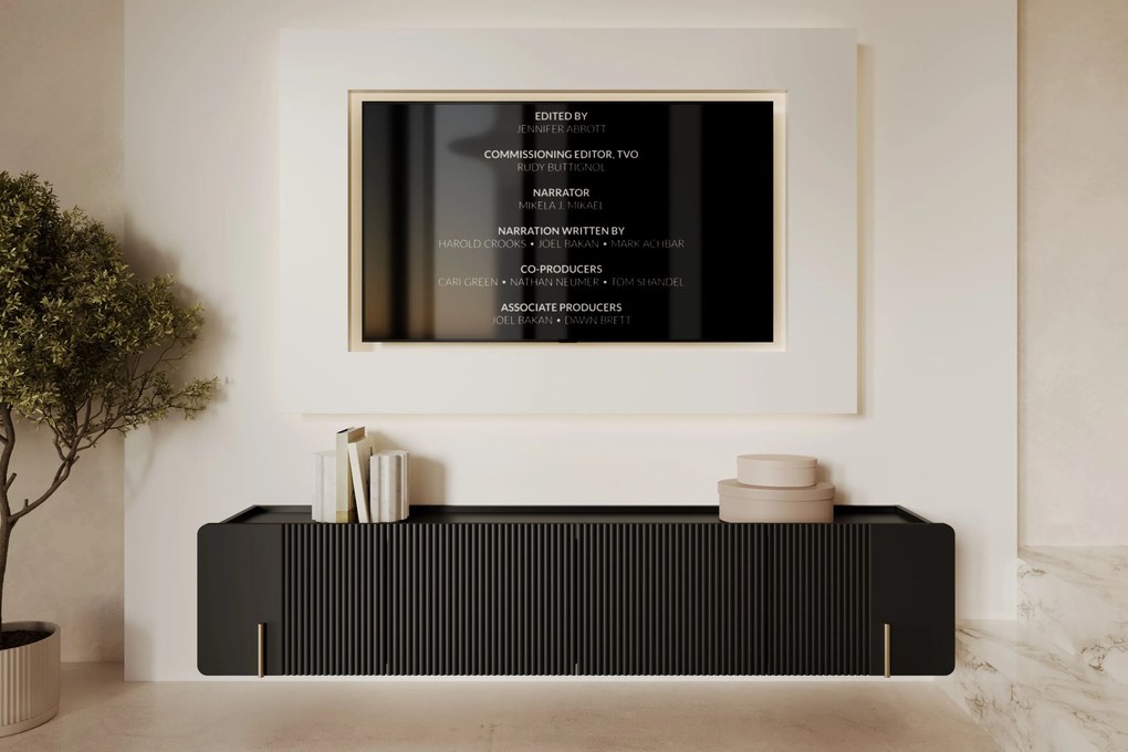 Závesný TV stolík Malmi 200 cm - čierny mat / zlatá