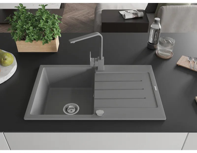 Mexen Bruno, drez granitový 795x495x200 mm, 1-komorový, šedá s chrómovým sifónom a šedá drezová batéria Rita, 6513-71-670300-71