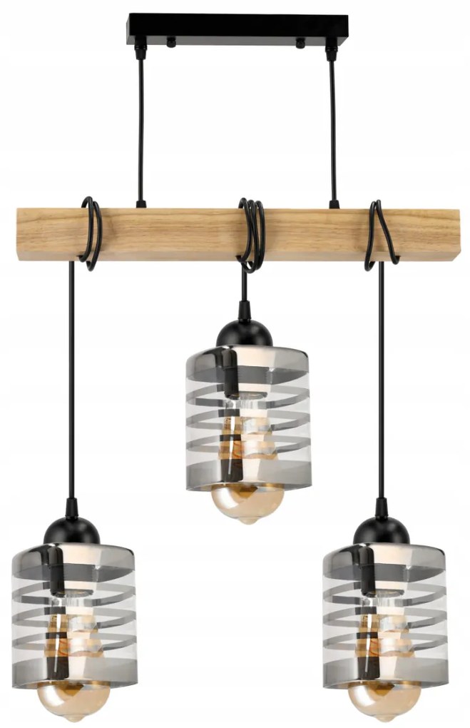 BERGE Závesné stropné svietidlo LED drevený trámový 3xE27 loft sklenené pásy