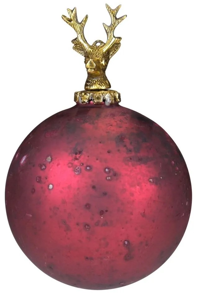Červená antik sklenená vianočná guľa s jeleňom Deer - Ø12* 19 cm