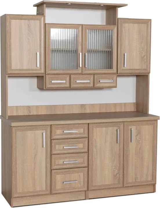 Kredenc II Ramiak 160 s osvetlením, sonoma (sklo hranaté , paula, doska sonoma)