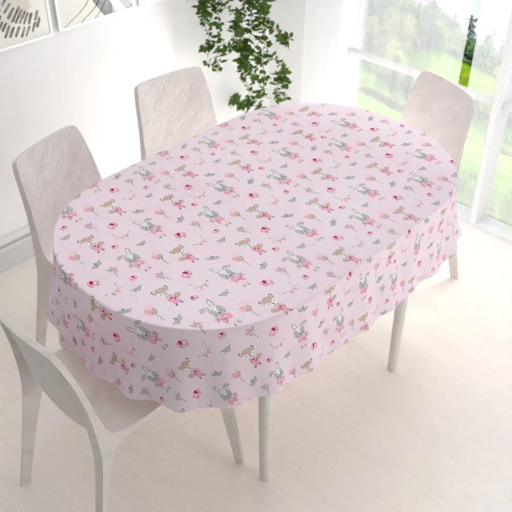 Biante Detský bavlnený oválny obrus Sandra SA-466 Zajačikovia a líšky s balónikmi na ružovom 80x120 cm