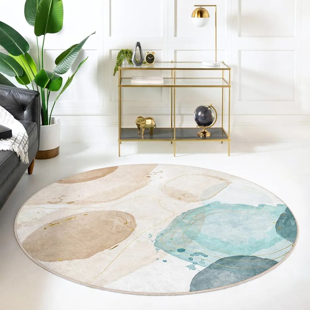 Modro-béžový prateľný okrúhly koberec ø 100 cm Puddle – Mila Home