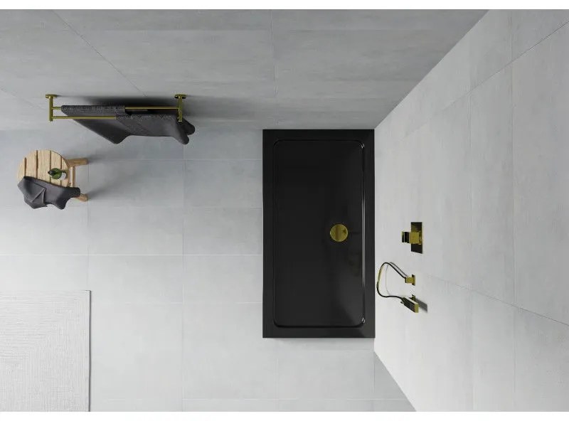 Mexen Flat, akrylátová sprchová vanička 130x70x5 cm SLIM, čierna, zlatý sifón, 40707013G