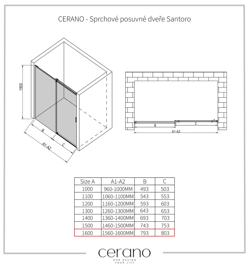 CERANO - Sprchové posuvné dvere Santoro Ľ/P - 8 mm - chróm, transparentné sklo - 160x195 cm, CER-CER-8050BD6962