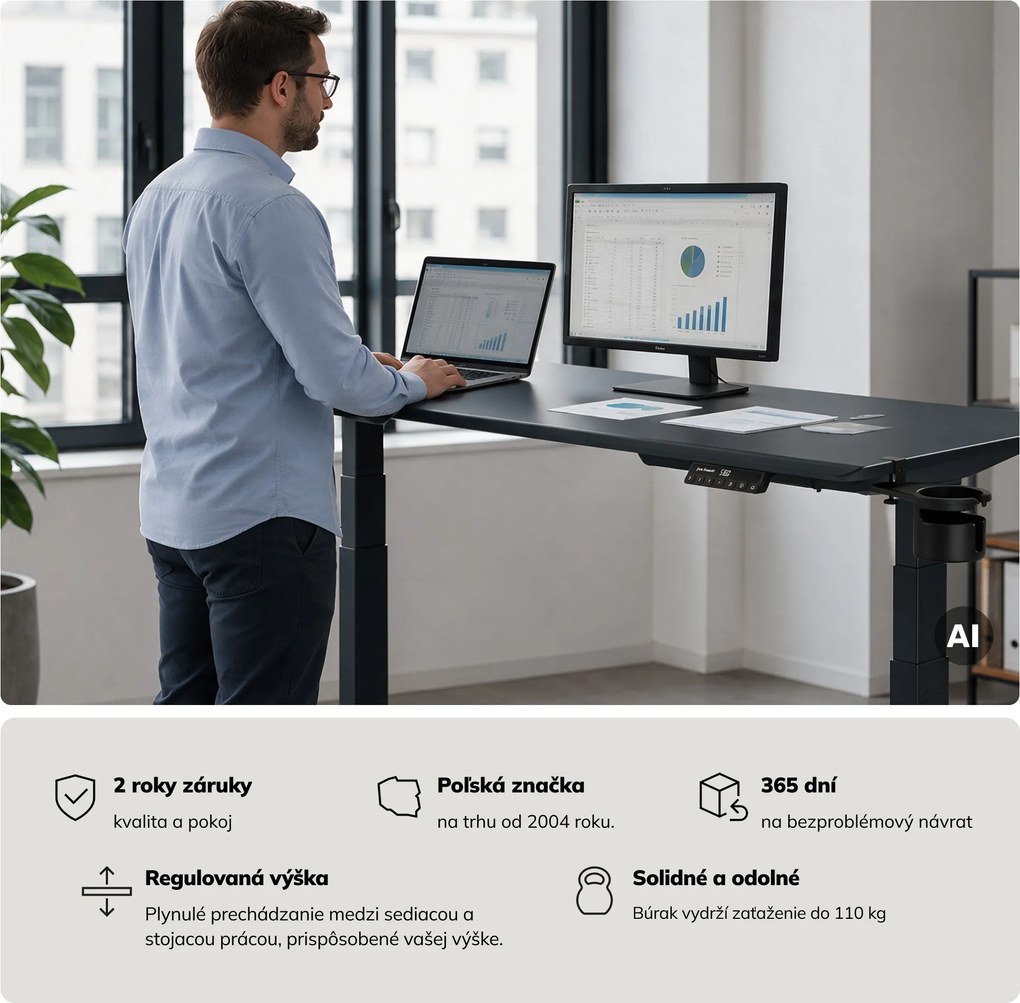 Elektrický stôl s reguláciou výšky ergonomický antracitový,1600x800 mm: ARIA