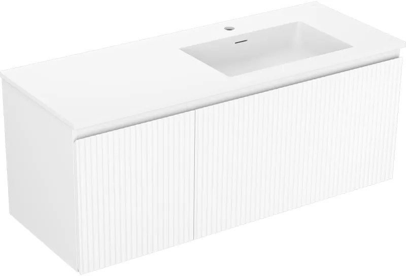 Mexen Rivel, kúpeľňová skrinka 120 cm s pravým umývadlom Otis, 1S, 1D, drážkovaná, biela matná, 91A23-12047-3-BBFF01-W18P01