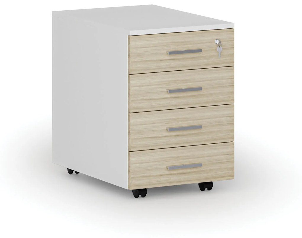 Kancelársky mobilný kontajner PRIMO WHITE, 4 zásuvky, biela/dub prírodný