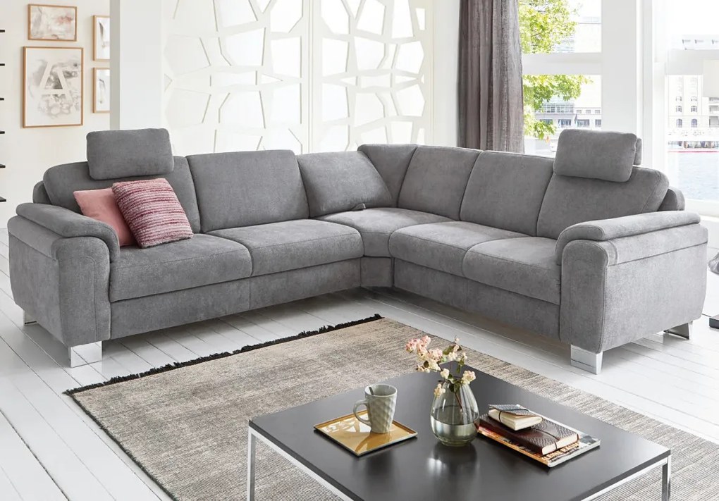 Rohová sedacia súprava s kreslom Omaha, šedá látka, s funkciami