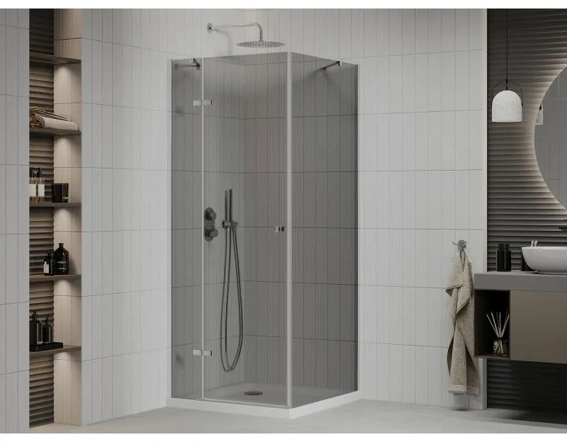 Mexen Roma, sprchový kút s krídlovými dverami 90 (dvere) x 90 (stena) cm, 6mm šedé sklo, chrómový profil + slim sprchová vanička biela + chrómový sifón, 854-090-090-01-40-4010