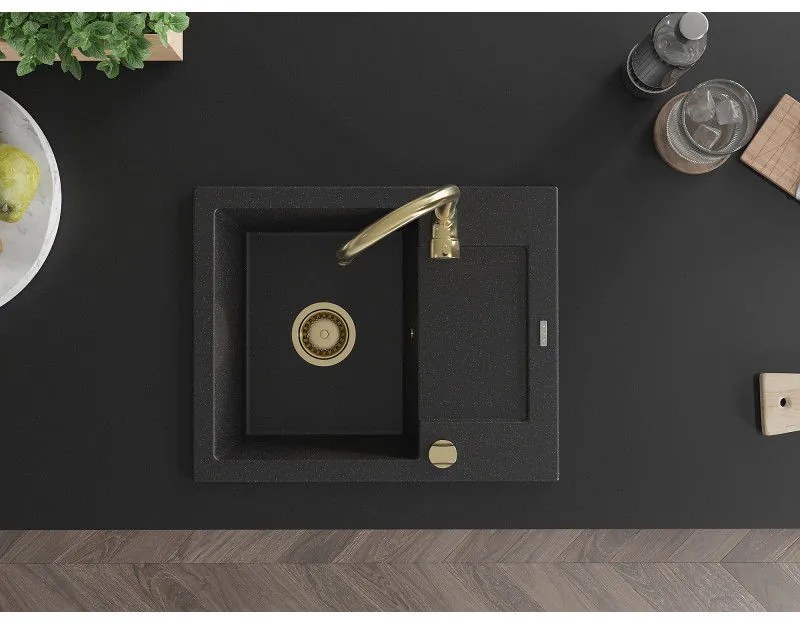 Mexen Enzo, granitový drez 576x465x174 mm, 1-komorový, čierna/strieborná metalíza so zlatým sifónom, 6506571005-73-G