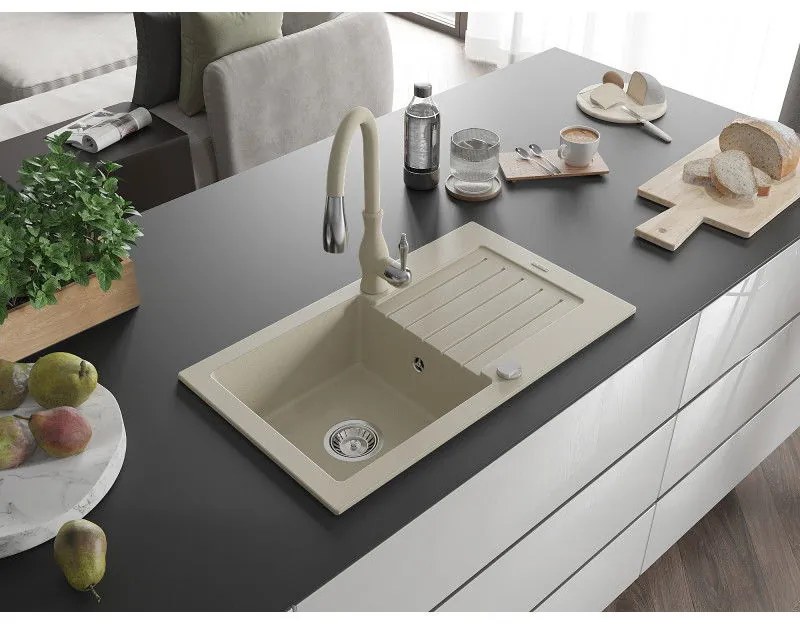 Mexen Pablo, 1-komorový granitový drez 752x436x161 mm a drezová batéria Savita, béžová, 6510-69-672601-69