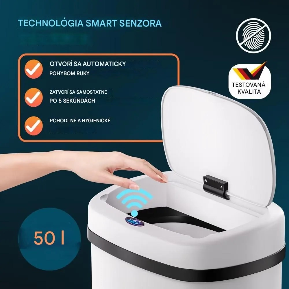 InternetovaZahrada Bezdotykový hranatý odpadkový kôš s USB 50 L - biely