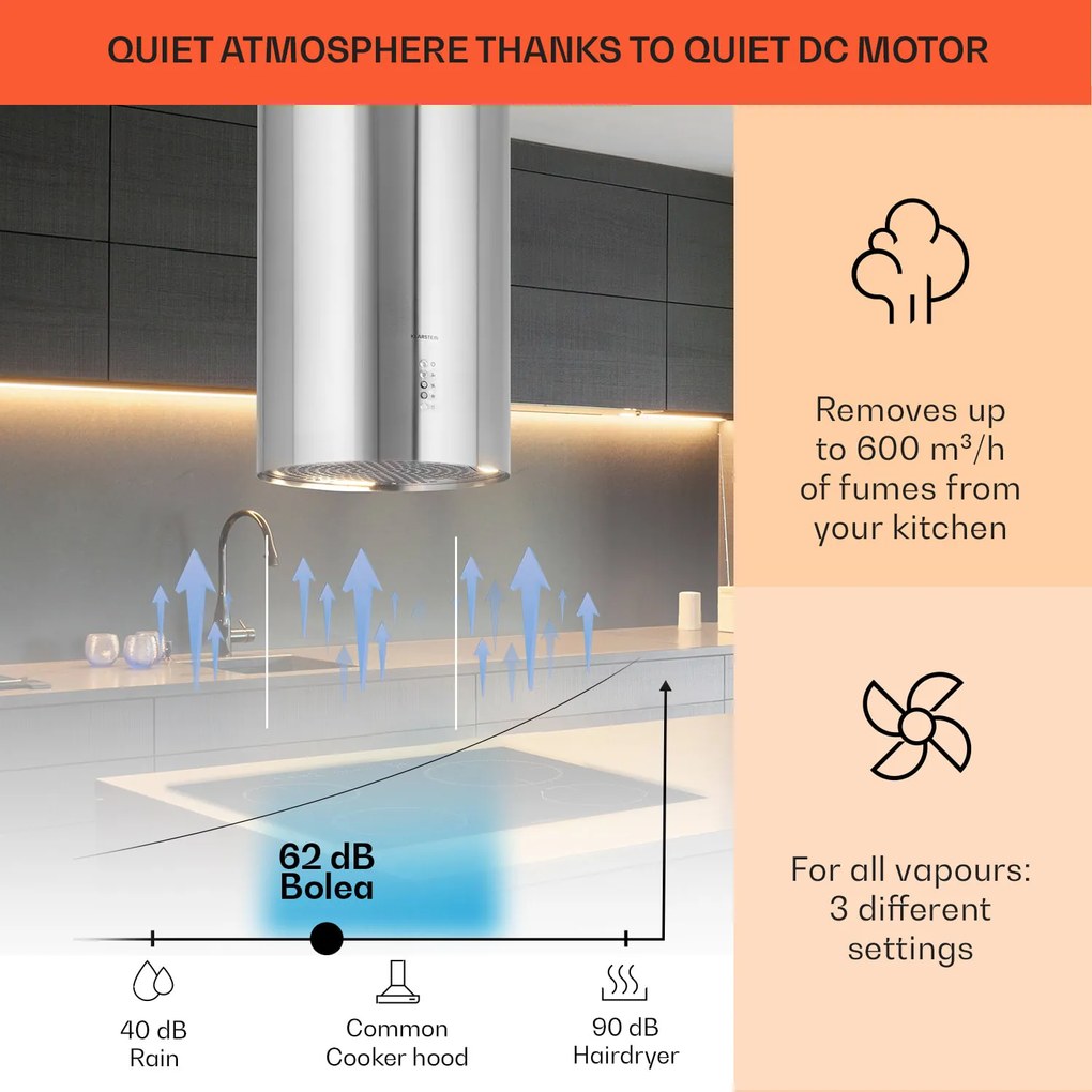 Klarstein Bolea, digestor, 38 cm, ostrovčekový, 600 m³/h, LED, filtre s aktívnym uhlím, nehrdzavejúca oceľ