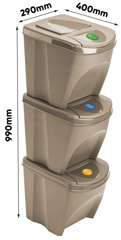 Odpadkové koše na tříděný odpad, sada 3ks x 25l SORTIBOX - ECO WOOD