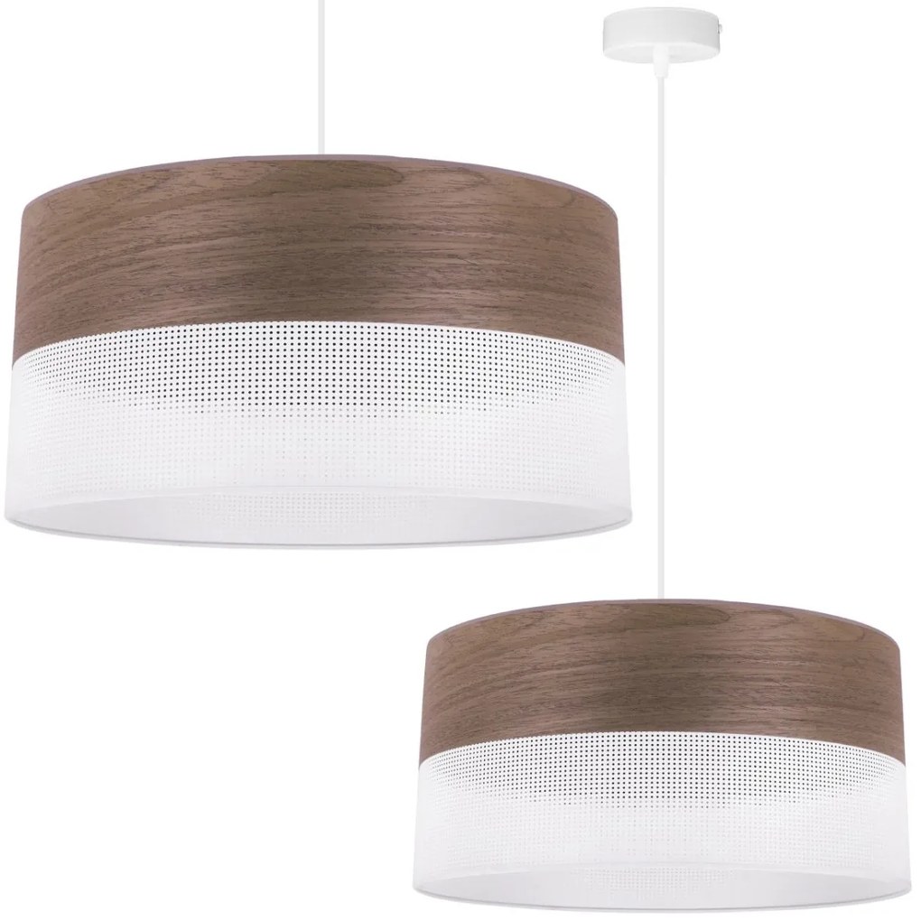 Závesné svietidlo Wood, 1x hnedá orechová dýha/biele PVC tienidlo, (fi 44cm)