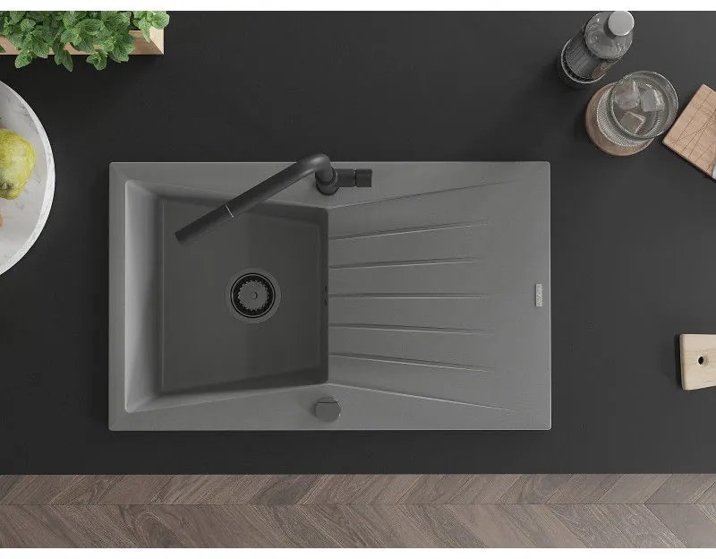 Mexen Cesar, 1-komorový granitový drez 775x470x190 mm a drezová batéria Flora, šedá, 6514-71-670401-70-B