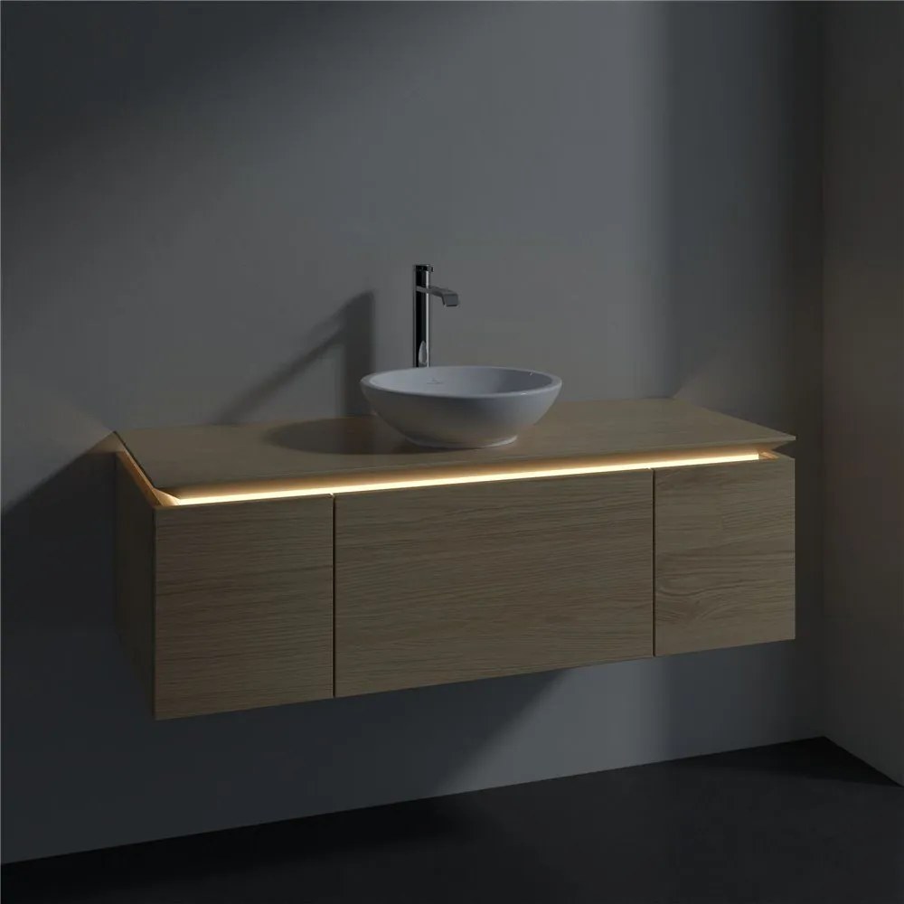 VILLEROY &amp; BOCH Legato závesná skrinka pod umývadlo na dosku (umývadlo v strede), 3 zásuvky, s LED osvetlením, 1200 x 500 x 380 mm, Nordic Oak, B577L0VJ