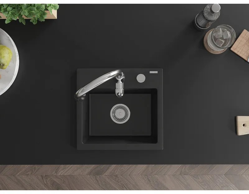 Mexen Milo, 1-komorový granitový drez 435x410x171 mm a drezová batéria Savita, čierna, 6505-77-672601-00