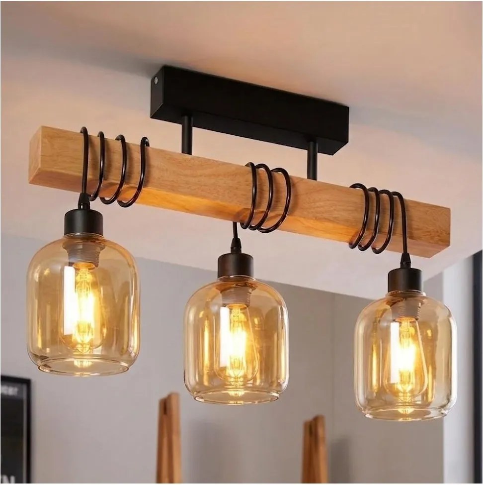 BRILAGI - Prisadený luster WOOD GLASS 3xE27/60W/230V borovica/čierna/dymovo-hnedá