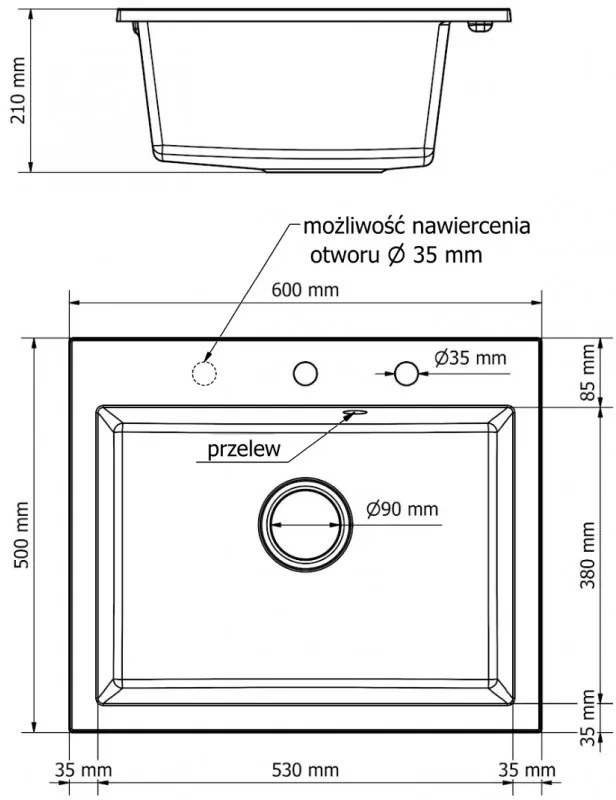 Mexen Elix, 1-korový granitový drez 600 x 500 mm, béžová, čierny sifón, 6525601005-69-B
