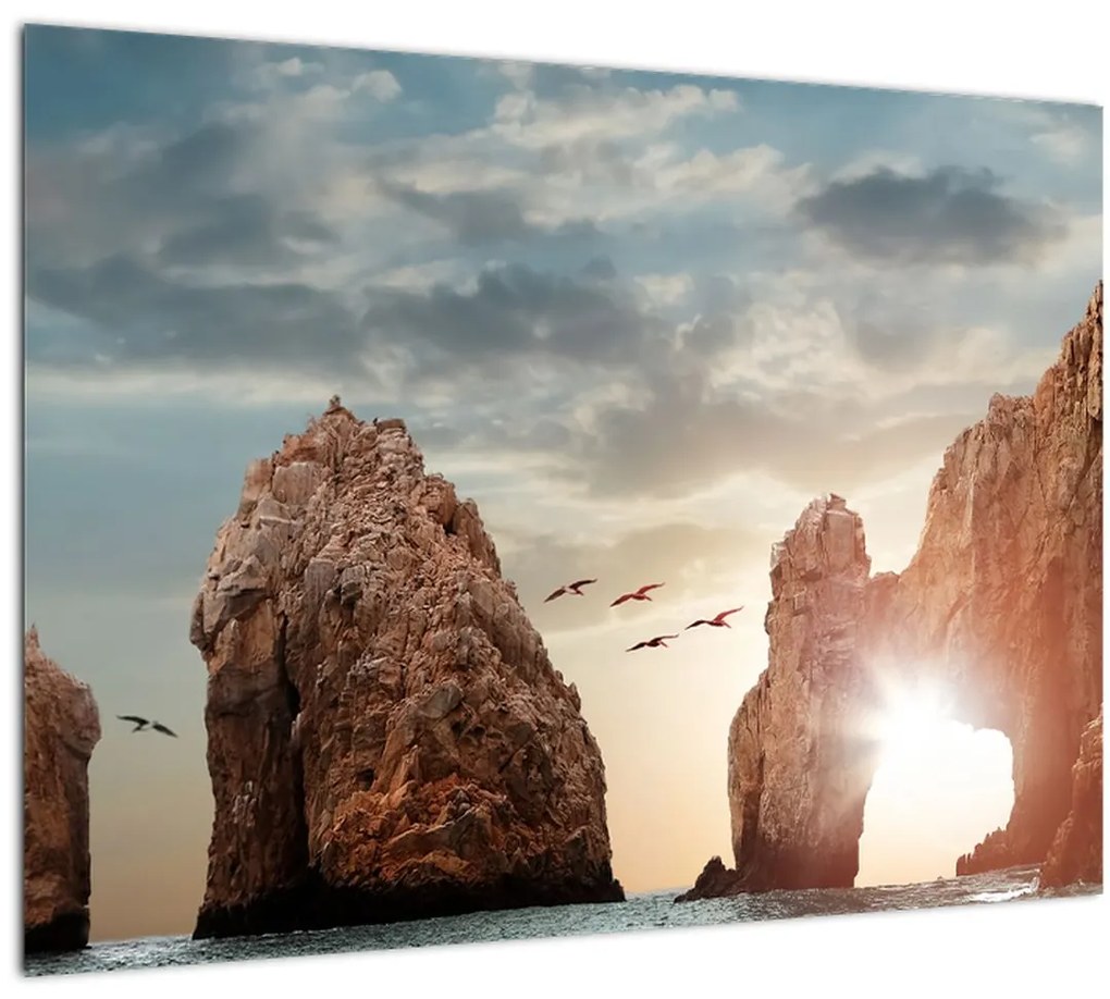 Sklenený obraz - Západ slnka nad útesmi (70x50 cm)