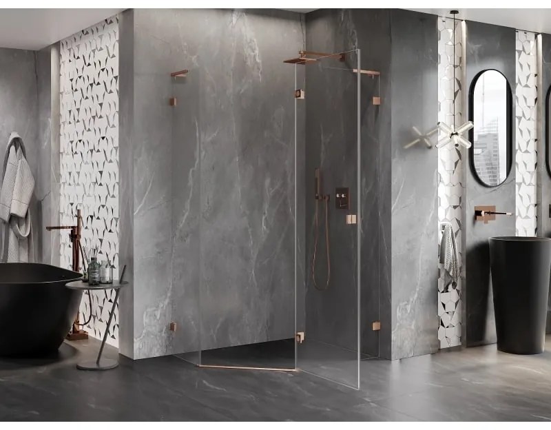 Mexen Lunar, L pravý výklopný päťuholníkový sprchový kút 100 x 80 cm, 8mm číre sklo, profil medená matná, 831L-100P-080L-65-00-P
