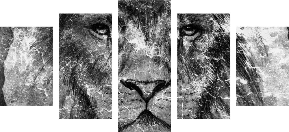 5-dielny obraz tvár leva v čiernobielom prevedení